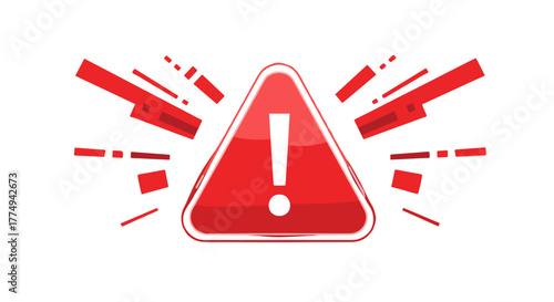 Vivid red digital warning icon with an exclamation mark inside a triangle, set against a stark black background with abstract red geometric shapes radiating outwards, symbolizing technology, alerts