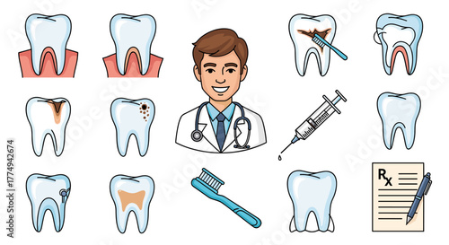 Collection of cartoon dental icons and symbols, including healthy and unhealthy teeth, a dentist, a syringe, a toothbrush, and a prescription, perfect for medical infographics, banners, educational