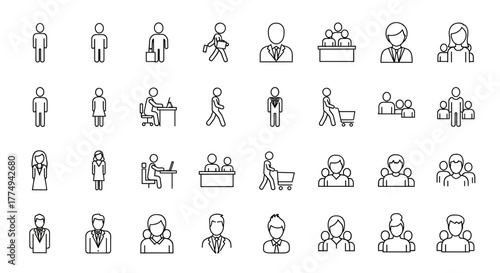Collection of faceless person outline icons for graphic and web design, apps, adverts, and various cards, presented as a vector cartoon illustration on a clean white background, offering a versatile