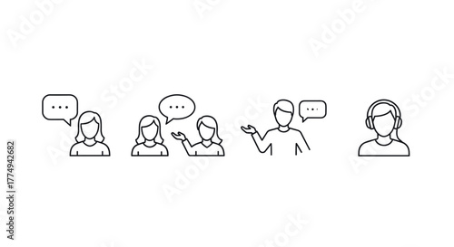 Set of minimalistic thin line icons depicting faceless people engaged in conversation and communication, including speech bubbles and a person wearing headphones, presented as a vector cartoon