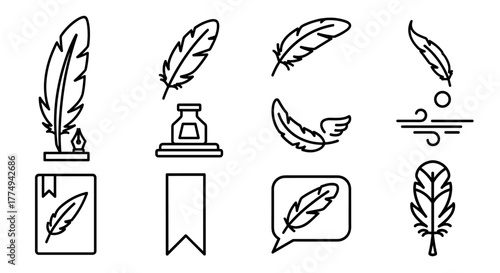 A collection of five feather-related icons, each with an editable stroke, presented as a vector cartoon illustration on a white background. These versatile icons are suitable for web sites, books