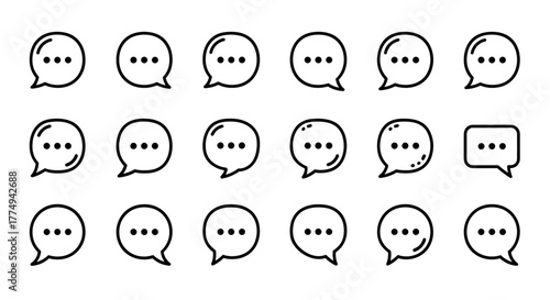 Set of 15 speech bubble icons with three dots inside, representing conversation, messaging, and thinking, isolated on a white background. This collection includes various circular and one rectangular