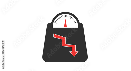 A black floor scale icon with a red downward trending graph and a red needle pointing to a low number, symbolizing weight loss, diet success, or a negative trend in health metrics, perfect for