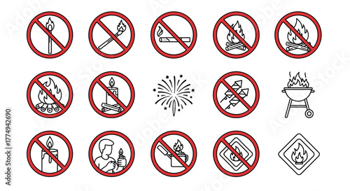 Collection of prohibition signs and icons related to fire, including matches, cigarettes, campfires, candles, fireworks, grills, lighters, and flammable materials, presented in a clean outline style