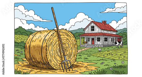 Charming vector illustration of a rustic farmhouse scene, featuring a large, golden hay bale with a pitchfork leaning against it, set against rolling green hills, cultivated fields, and a bright blue