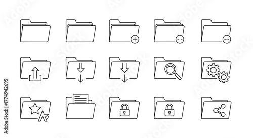 Minimalistic linear folder icon collection, featuring a variety of designs including empty folders, folders with documents, and folders with magnifying glasses for search functionality, presented in