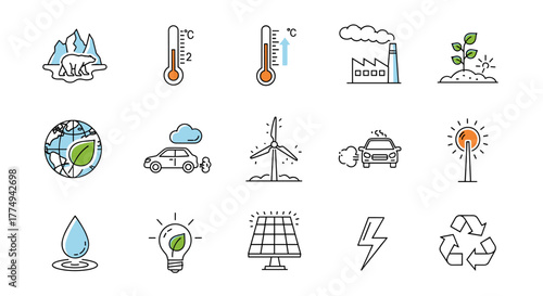 Global warming and climate change minimalistic thin line icons for web and graphic design, apps, banners, social networks, and cards. Vector cartoon illustration with a white background, depicting