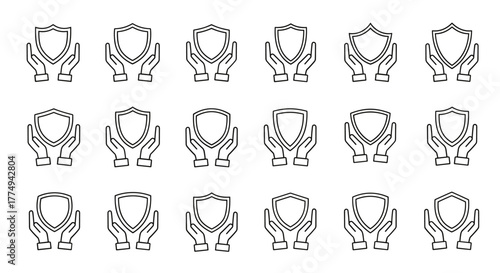 Collection of outline shield icons held by hands, symbolizing protection, security, and safety. These versatile vector graphics are perfect for web design, app development, advertisements, and