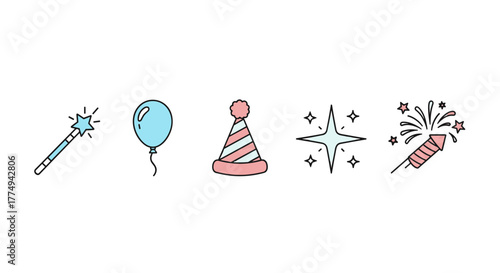 A charming and simple linear illustration of celebration elements, featuring a magic wand, a blue balloon, a festive holiday hat, sparkling stars, and a firework rocket, perfect for graphic design