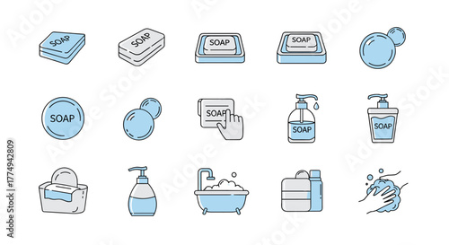 Collection of simple, thin line art icons representing various soap products and hygiene concepts, perfect for web, books, cards, and apps. Includes bar soap, liquid soap dispensers, soap dishes