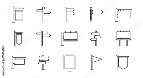 Collection of outline street banner line icons, perfect for graphic and web design, apps, adverts, and various cards. This vector cartoon illustration features a white background, offering versatile