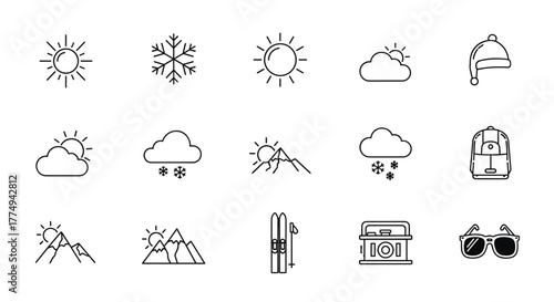 Collection of minimalistic thin line icons representing weather conditions and outdoor activities, including sun, snowflake, clouds with snow, mountains, backpack, skis, sunglasses, and a camera