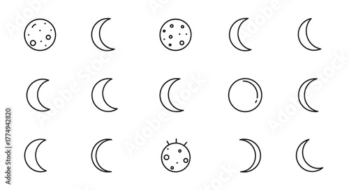 Collection of thin line icons representing the phases of the moon, including a full moon and various crescent shapes, presented on a clean white background, ideal for web, print, and app design