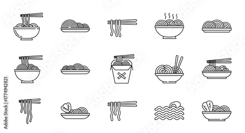 A collection of simple, minimalistic linear icons representing various noodle dishes and elements, perfect for web and graphic design, apps, banners, social networks, and cards. This vector cartoon