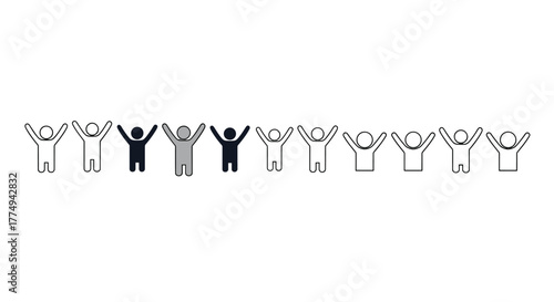 A diverse group of stylized human figures with arms raised in celebration or triumph, set against a stark black background, with one figure highlighted in white, symbolizing individuality