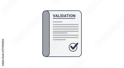 Vector illustration of a document with the word "VALIDATION" and a checkmark symbol, representing approval, agreement, and confirmation. This graphic is ideal for business, legal, or administrative