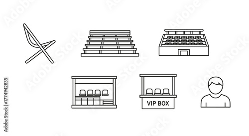Outline icon set representing audience and seating arrangements for events, including a folding chair, bleacher bench, grandstand, VIP box, and a spectator silhouette, all presented as clean, ordered