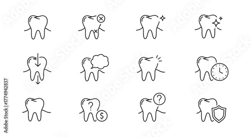 Set of 12 minimalistic thin outline icons representing various aspects of dental health and care, including a healthy tooth, a damaged tooth with a cross, a sparkling clean tooth, a tooth with a