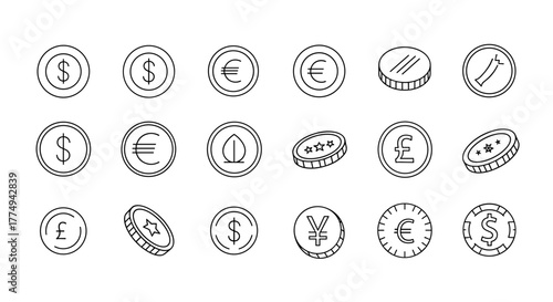 Collection of various currency coins as line icons with editable stroke, perfect for infographics, articles, books, flyers, and banners, presented as a vector cartoon illustration with a white