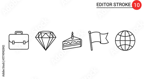 A simple, clean, and modern linear vector icon set featuring a briefcase, a diamond, a slice of cake with a candle, a flag, and a globe, perfect for representing business, wealth, celebration, goals