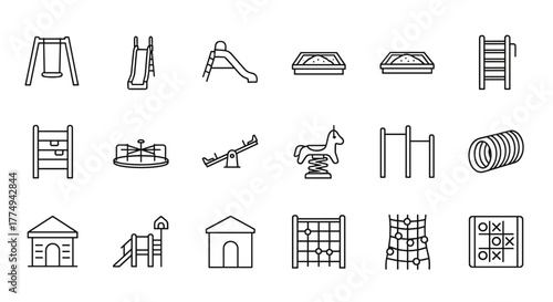 Collection of thin line icons representing playground equipment, including a kid's swing, slide, sandbox, merry-go-round, seesaw, spring rider, climbing frame, tunnel, playhouse, jungle gym, net