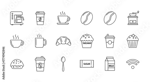 A minimalist, thin line web icon set featuring essential coffee house and coffee shop elements, including a coffee maker, various coffee cups, coffee beans, a croissant, cupcakes, a sugar packet, a