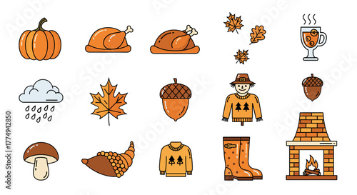 Autumn icon set featuring seasonal elements like pumpkins, roasted turkeys, falling leaves, mulled wine, acorns, a scarecrow, a cornucopia, a mushroom, rain clouds, a cozy fireplace, and warm
