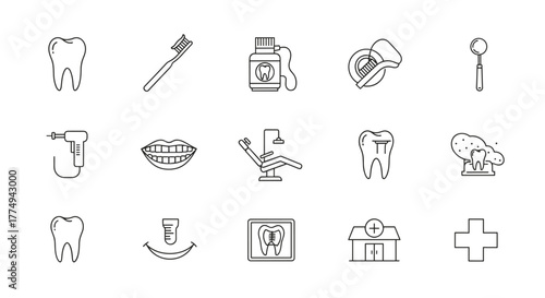 Set of dentist icons in simple line art style, a dental elements stroke pictogram and minimal thin web icon set, vector illustration, perfect for healthcare, medical, and dental websites and