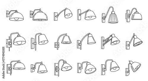 Collection of thin line art vector illustrations of wall lamps, showcasing various designs and adjustable arms, perfect for web, books, cards, and apps, presented on a clean white background for