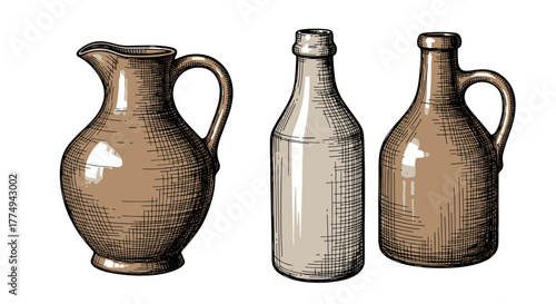Three vintage ceramic jugs and bottles drawn with textured ink lines, a vector hand-drawn illustration showcasing antique drinkware with a rustic, hand-sketched aesthetic against a stark black