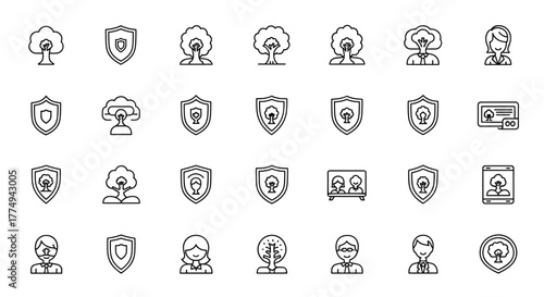 A collection of minimalistic linear icons featuring trees and shields, symbolizing protection, nature, and security. These versatile vector graphics are perfect for web design, app interfaces, social