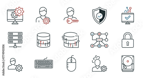 Collection of technology and system administration icons, including computer with gears, user profiles with settings and keys, server racks, databases, network diagrams, security shields, locks