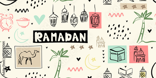 Modern Doodle Seamless Pattern for Ramadan Kareem