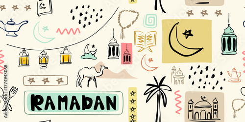 Modern Doodle Seamless Pattern for Ramadan Kareem