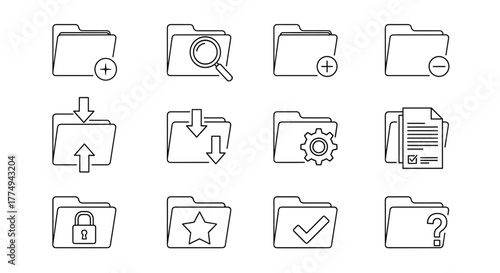 Collection of 12 minimalist line icons representing various computer folder operations and states, including add, search, delete, upload, download, settings, documents, locked, favorite, checked, and
