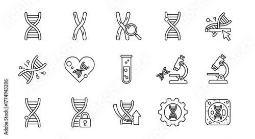 Collection of DNA and chromosome related line icons, including double helix, chromosomes, microscope, test tube, heart with DNA, gear, lock, and cursor, suitable for web, books, cards, and apps, with
