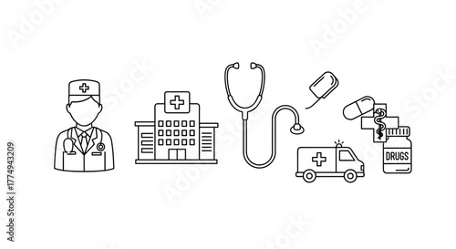 A collection of thin line vector icons representing medical and healthcare concepts, including a doctor, hospital, stethoscope, ambulance, and drugs, perfect for interface design, booklets, cards