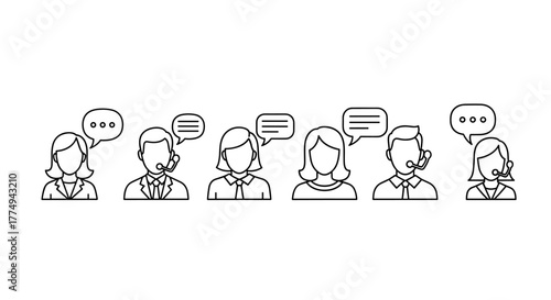 Faceless People Talking Outline Line Icons Vector Cartoon Illustration Set on White Background, Representing Communication, Discussion, and Social Interaction in a Minimalist Style, Perfect for Web