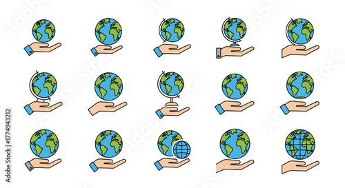 Set of 15 flat design icons representing the Earth or Globe held in a hand, presented in a modern outline style. These versatile vector cartoon illustrations are perfect for design projects, cards