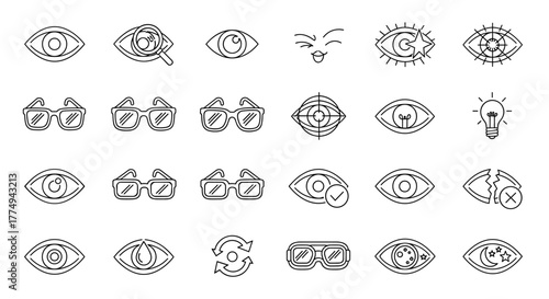 Collection of eye and glasses line icons, representing vision, sight, perception, and optical accessories. Includes various eye styles, sunglasses, reading glasses, and related symbols like