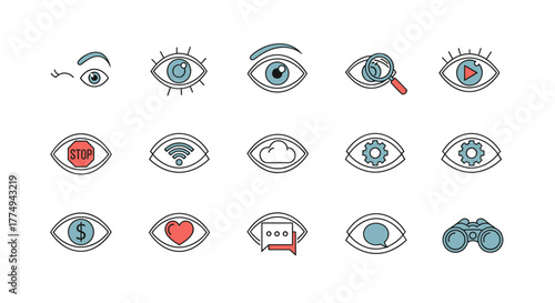 Set of eye line icons with various symbols inside, including a winking eye, a magnifying glass, a stop sign, Wi-Fi signal, cloud, gear, dollar sign, heart, chat bubble, and binoculars, perfect for