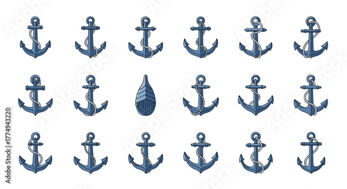Collection of blue anchors and a boat prow in a flat cartoon illustration style, set against a black background, perfect for nautical themes, maritime design, and travel graphics, offering a