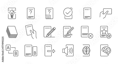 A comprehensive set of thin line icons representing various concepts related to graphic design, web development, and application interfaces, including ideas, questions, checklists, editing, and user