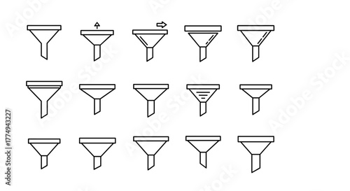 A collection of twelve funnel outline icons, presented in a grid layout on a clean white background, perfect for graphic design, web development, app interfaces, advertising materials, and various