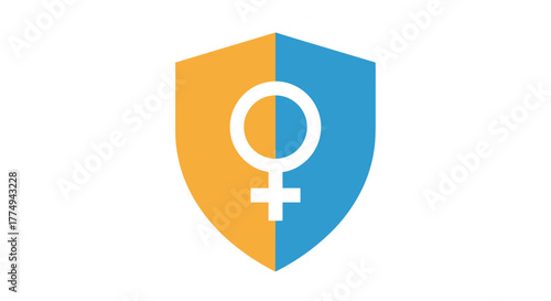 A striking vector illustration features the female symbol, a circle with a cross below, prominently displayed on a shield divided into vibrant orange and blue sections. This iconic emblem