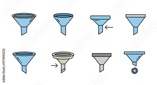 Set of eight funnel icons in a cartoon illustration style, featuring various designs and colors including blue, grey, and beige, with some indicating flow or filtering with arrows and circles