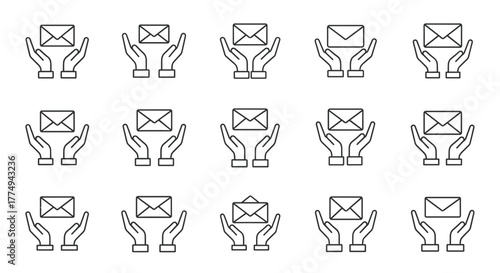 Seamless pattern of thin line icons depicting an envelope held above open hands, symbolizing communication, delivery, and support. This vector graphic is perfect for web design, apps, books, and