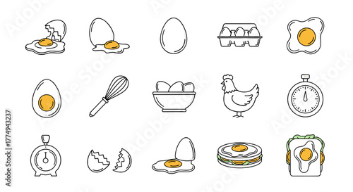 Collection of stylized line art icons related to eggs and chicken, featuring fried eggs, boiled eggs, egg cartons, a chicken, a whisk, and egg sandwiches, perfect for food blogs, recipes, and