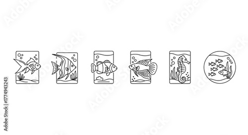 A collection of minimalistic linear icons depicting various fish species in aquariums, including goldfish, angelfish, betta, and a seahorse, presented in a clean, vector cartoon illustration style