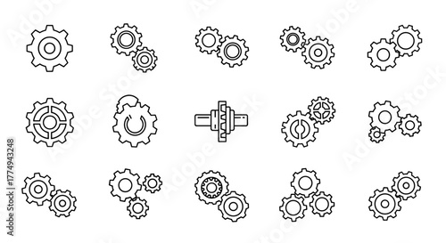 Collection of outline icons representing gears and cogwheels, showcasing various mechanical connections and configurations, perfect for infographics, technical articles, educational materials, and